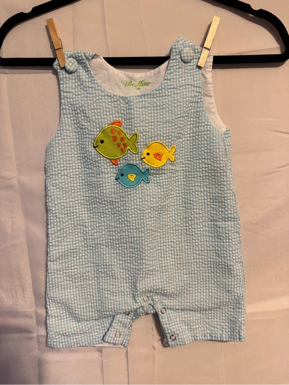 mine Light Blue Seersucker Baby Romper with Fish Detail